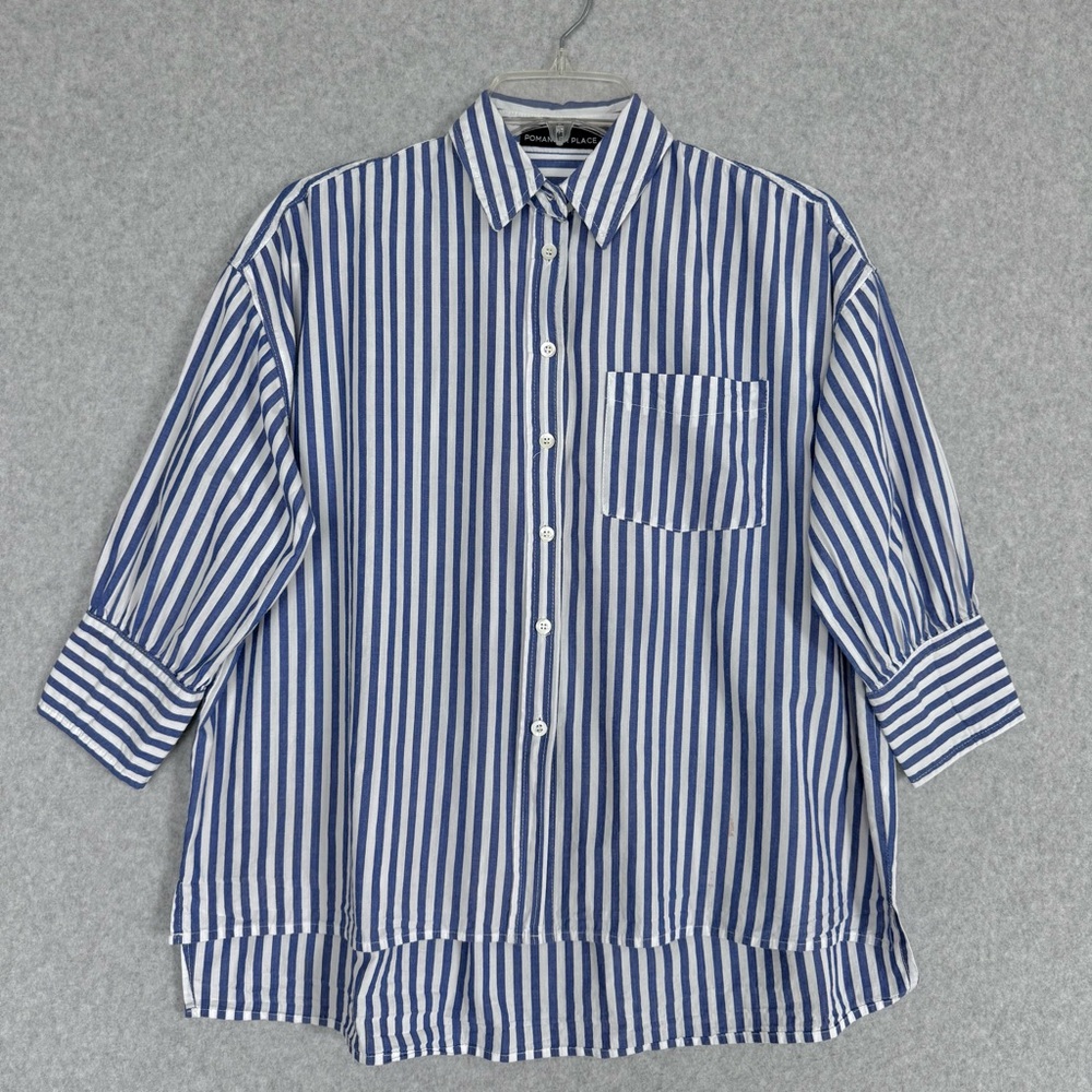 Pomander Place Tuckernuck Blue White Stripe Adair Boyfriend Shirt Small READ